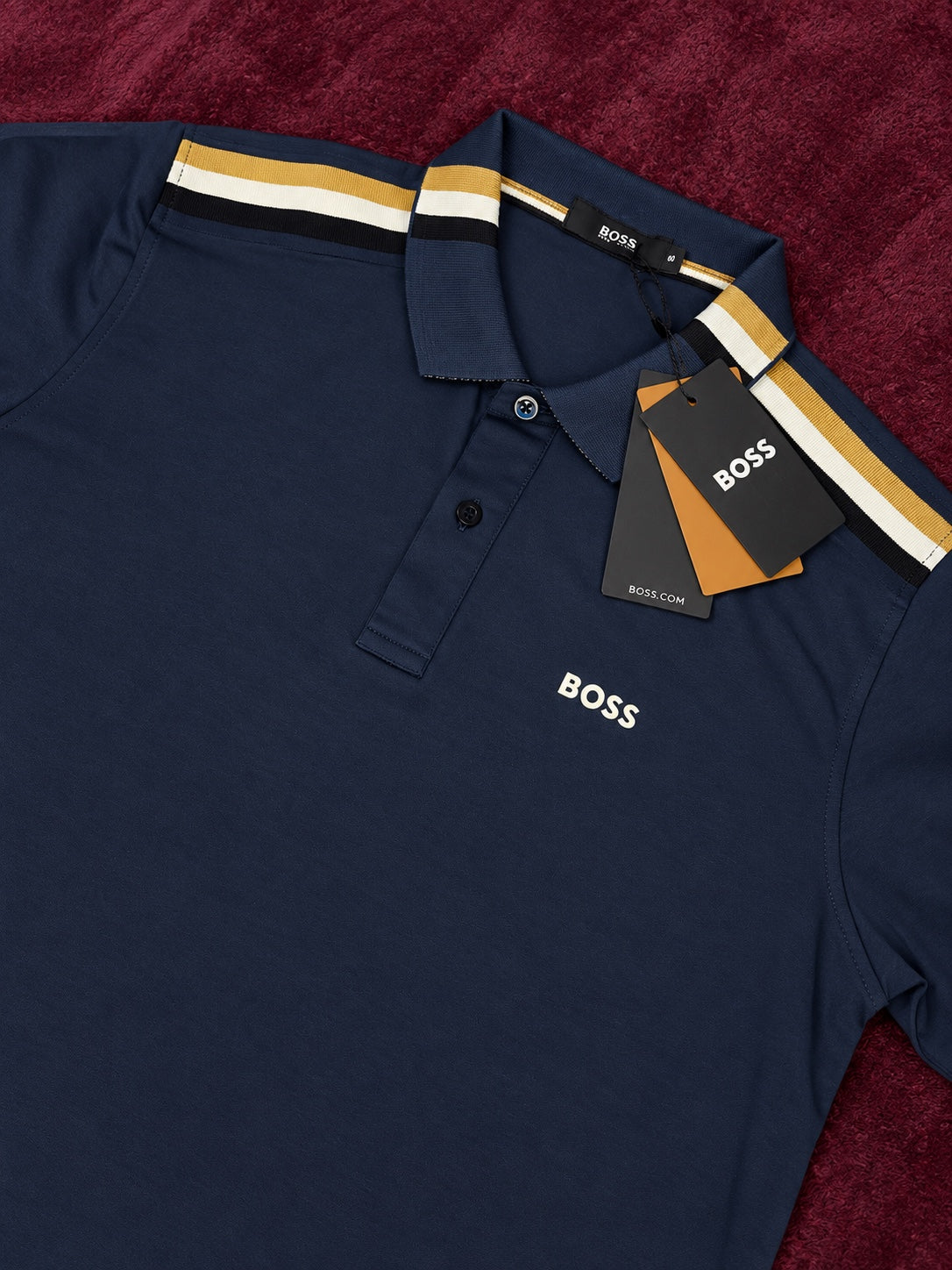 BOSS Polo Azul Franjas Tricolor Logo Blanco