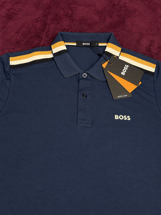 BOSS Polo Azul Franjas Tricolor Logo Blanco
