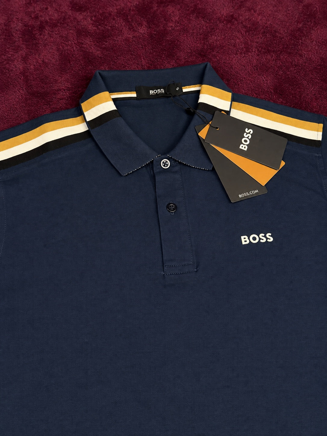 BOSS Polo Azul Franjas Tricolor Logo Blanco